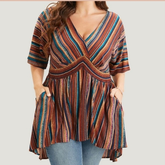 Striped Contrast Shirred Wrap High Low Hem Pocket Blouse scarlet - Picture 2 of 5